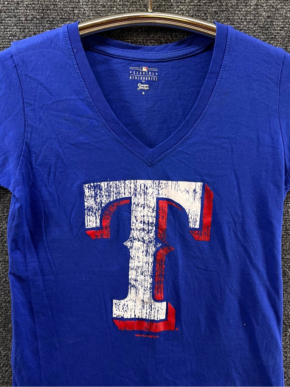 MLB Texas Rangers Royal Blue Women's Baseball T-Shirt Medium V-Neck S/S Logo